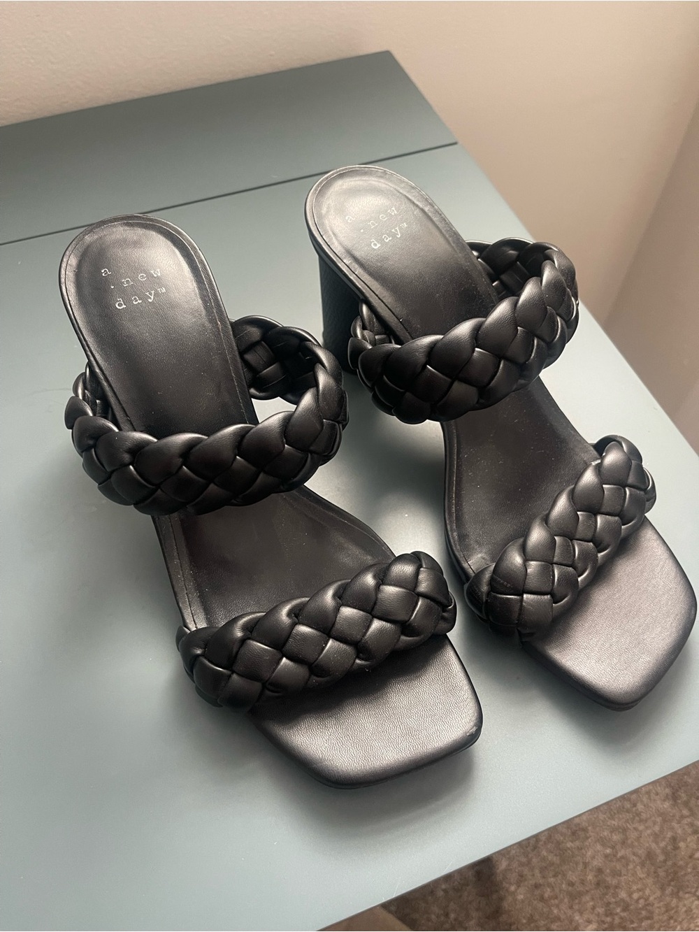 a new day Braided Double-Strap Black Block Heel Sandals